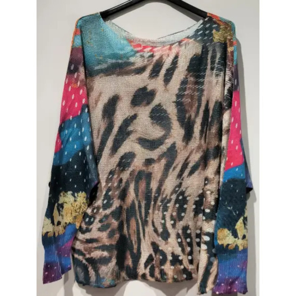 L153 Loowie Multi Leopard Round Neck Knit Printed Sweater One Size